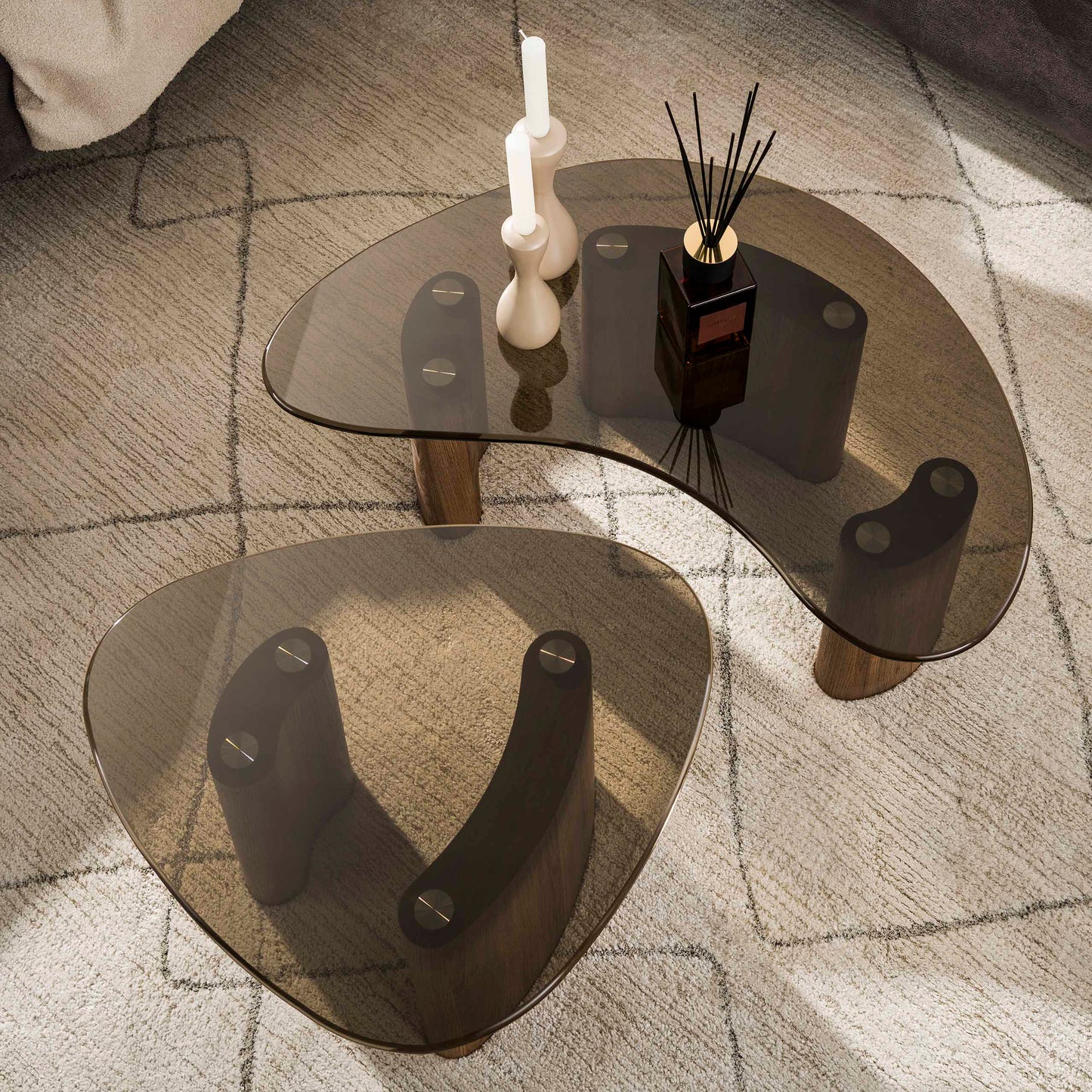 Couchtisch-Set TINTO BRONZO Organische Satztische mit Rauchglas und Holzsockel