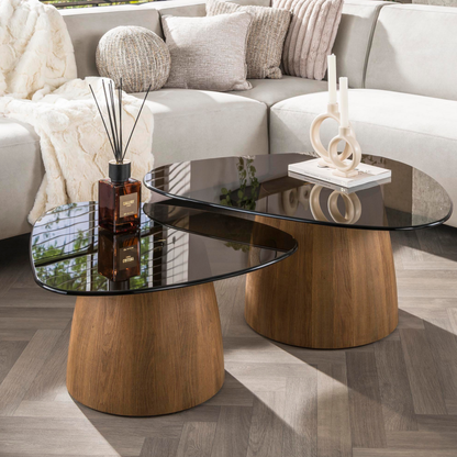 Couchtisch-Set TINTO TRIANGOLO Dreieckige Satztische mit Rauchglas und Holzsockel
