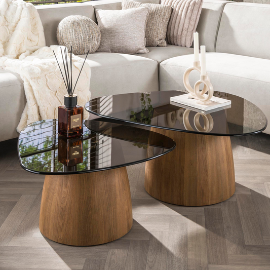 Couchtisch-Set TINTO TRIANGOLO Dreieckige Satztische mit Rauchglas und Holzsockel