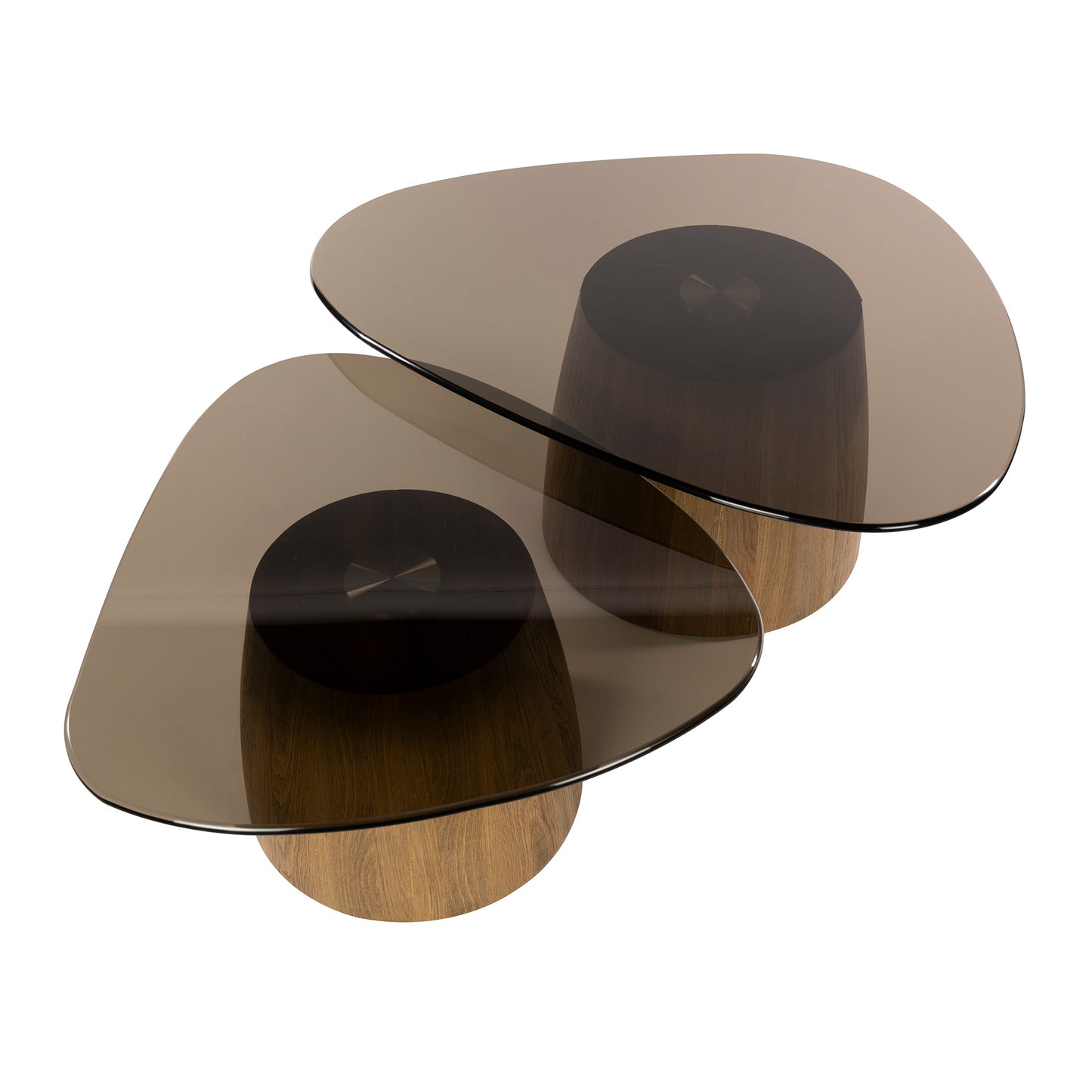 Couchtisch-Set TINTO TRIANGOLO Dreieckige Satztische mit Rauchglas und Holzsockel