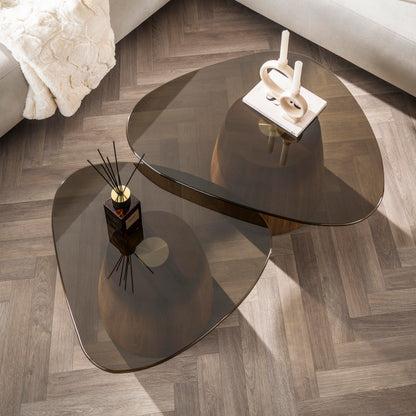 Couchtisch-Set TINTO TRIANGOLO Dreieckige Satztische mit Rauchglas und Holzsockel