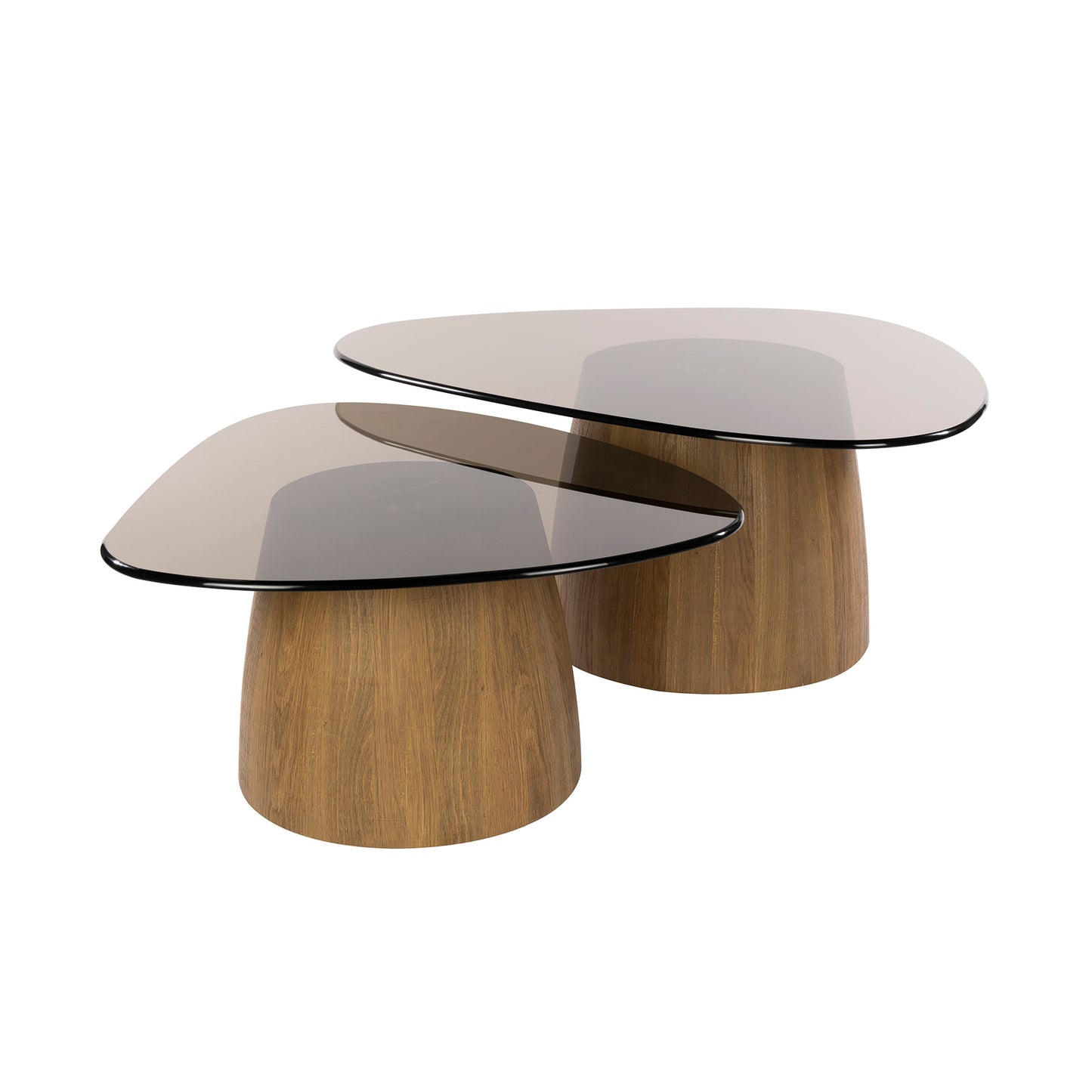 Couchtisch-Set TINTO TRIANGOLO Dreieckige Satztische mit Rauchglas und Holzsockel