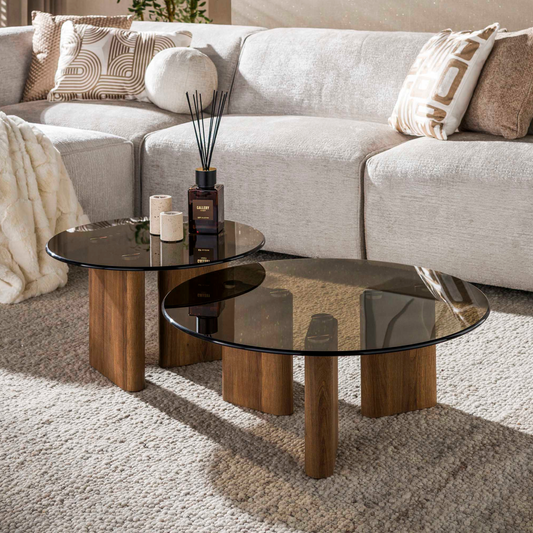 Couchtisch-Set TINTO ROTONDO – Runde Satztische mit Rauchglas und Eichenholz-Sockel