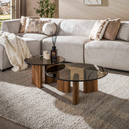 Couchtisch-Set TINTO ROTONDO – Runde Satztische mit Rauchglas und Eichenholz-Sockel