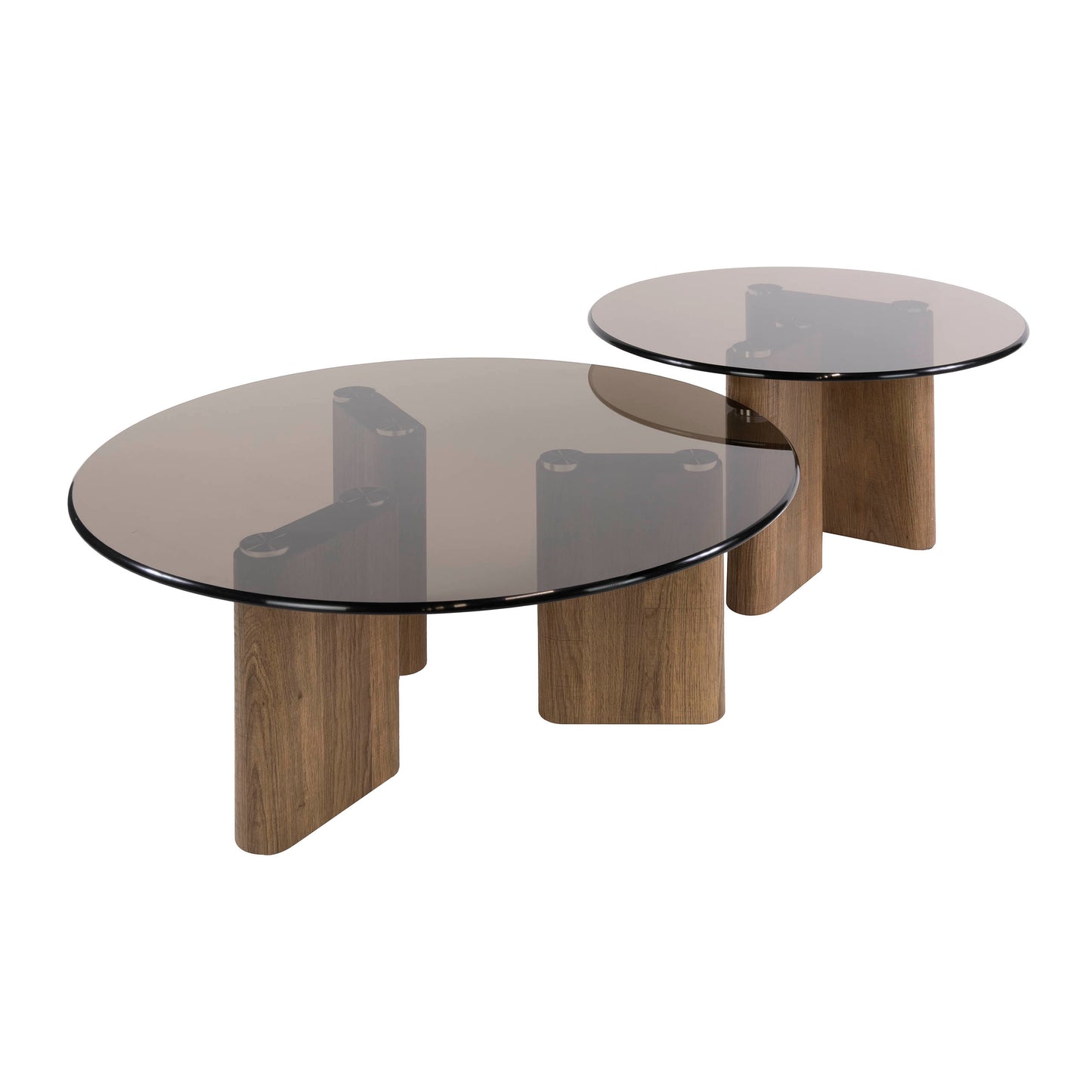 Couchtisch-Set TINTO ROTONDO – Runde Satztische mit Rauchglas und Eichenholz-Sockel