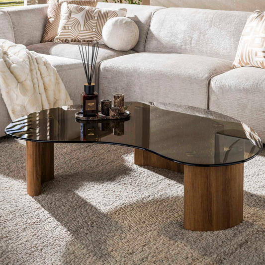 Couchtisch TINTO NUVOLA Organischer Nierentisch mit braunem Rauchglas & Eichenoptik
