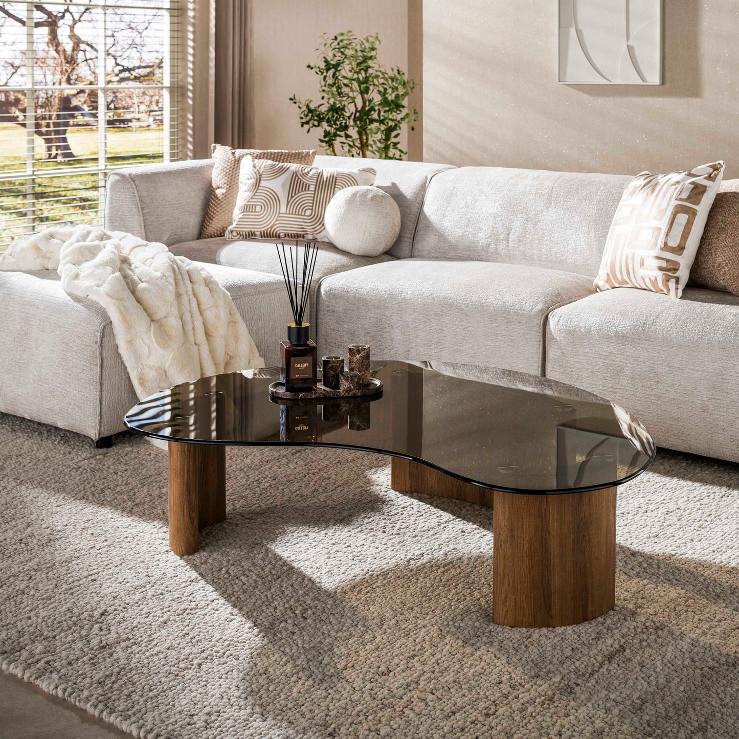 Couchtisch TINTO NUVOLA Organischer Nierentisch mit braunem Rauchglas & Eichenoptik