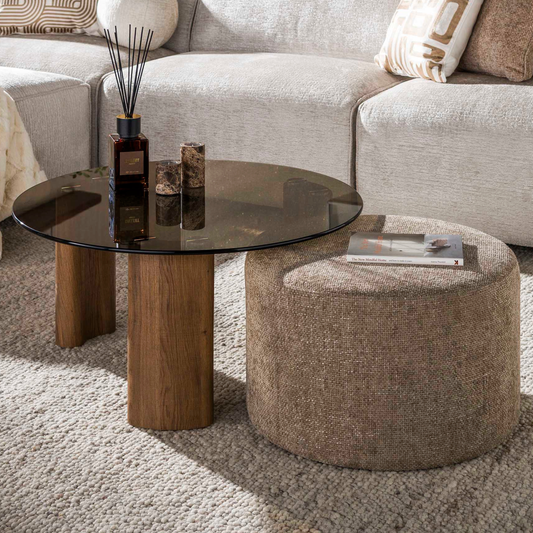 Couchtisch-Set TINTO LOUNGE Runder Glastisch (Rauchglas) inkl. Chenille-Pouf in Sand