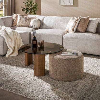 Couchtisch-Set TINTO LOUNGE Runder Glastisch (Rauchglas) inkl. Chenille-Pouf in Sand