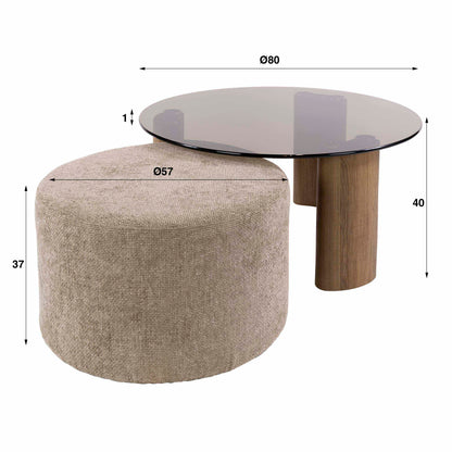Couchtisch-Set TINTO LOUNGE Runder Glastisch (Rauchglas) inkl. Chenille-Pouf in Sand