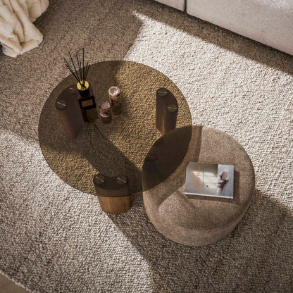 Couchtisch-Set TINTO LOUNGE Runder Glastisch (Rauchglas) inkl. Chenille-Pouf in Sand