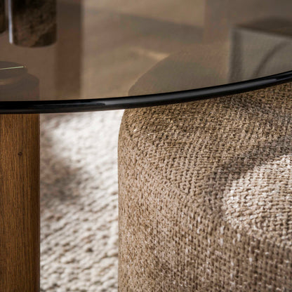 Couchtisch-Set TINTO LOUNGE Runder Glastisch (Rauchglas) inkl. Chenille-Pouf in Sand