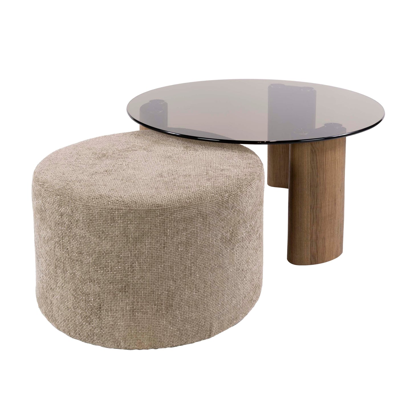 Couchtisch-Set TINTO LOUNGE Runder Glastisch (Rauchglas) inkl. Chenille-Pouf in Sand