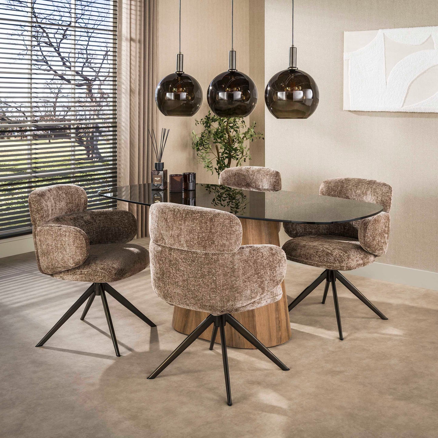 Esstisch TINTO CENTRO Dänisch-Ovaler Säulentisch mit Rauchglas & Eichenoptik 180 cm