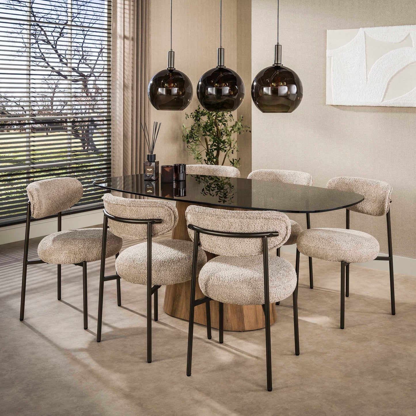 Esstisch TINTO CENTRO GRANDE XXL Dänisch-Ovaler Säulentisch mit Rauchglas & Eichenoptik 215 cm