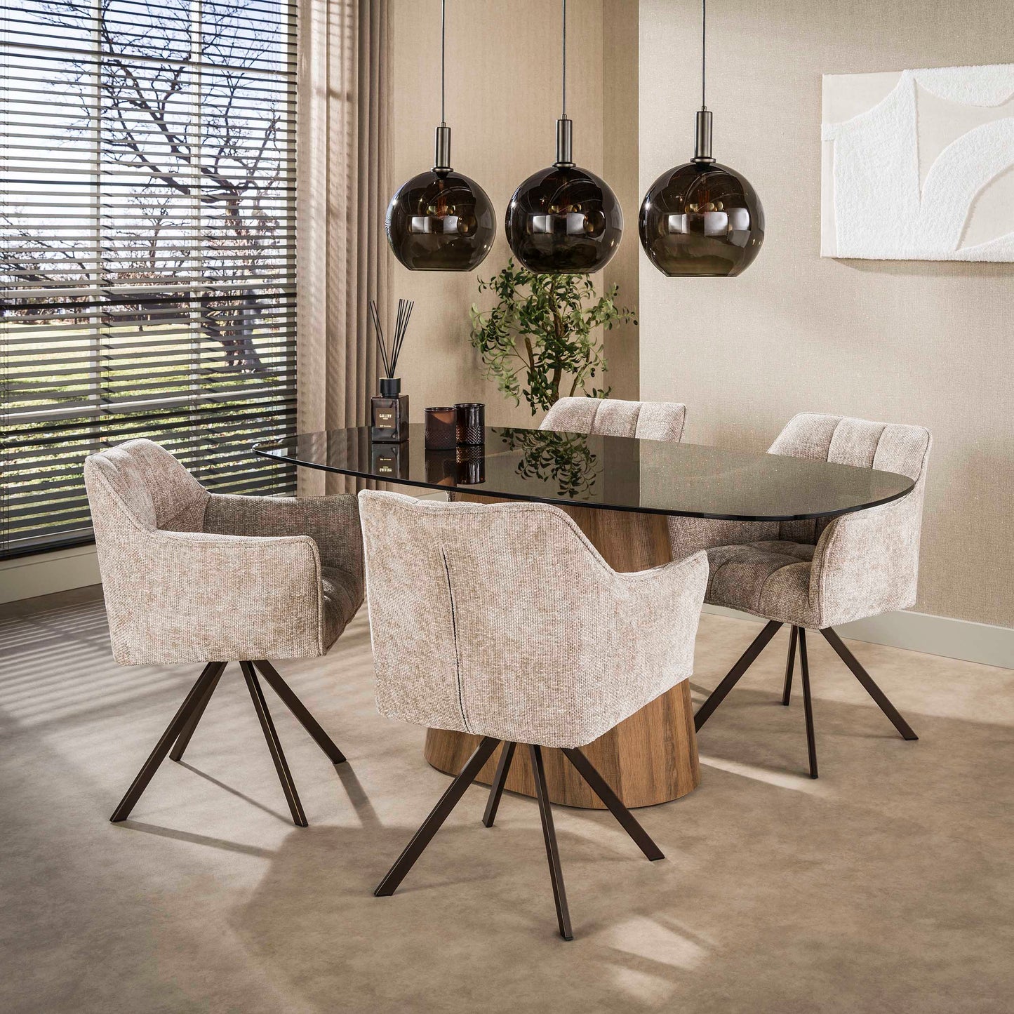 Esstisch TINTO CENTRO GRANDE XXL Dänisch-Ovaler Säulentisch mit Rauchglas & Eichenoptik 215 cm