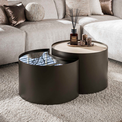 Couchtisch-Set VITTORIO MEZZALUNA Halbmond-Satztische aus Keramik, Glas & Bronze