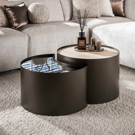 Couchtisch-Set VITTORIO MEZZALUNA Halbmond-Satztische aus Keramik, Glas & Bronze