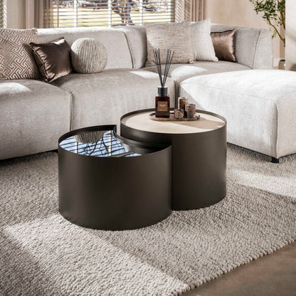Couchtisch-Set VITTORIO MEZZALUNA Halbmond-Satztische aus Keramik, Glas & Bronze