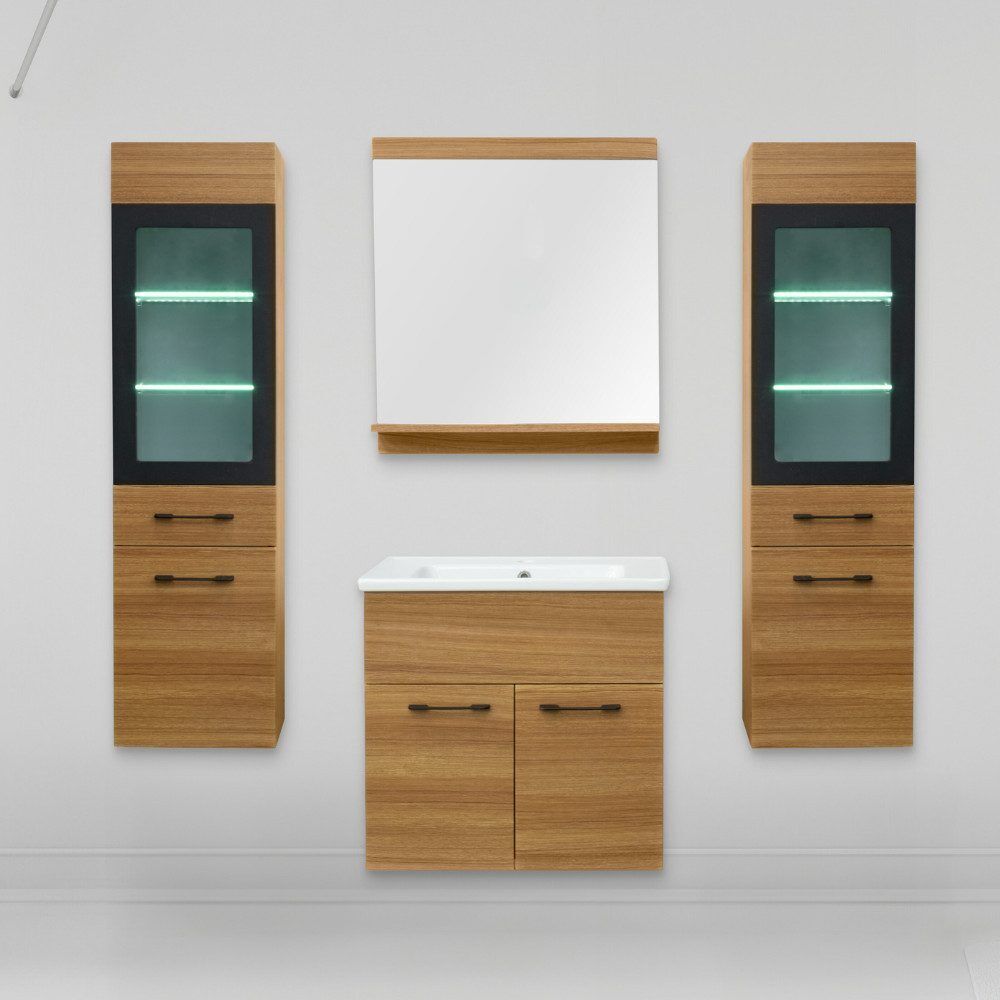 BURMAS Badmöbel Set 5tlg - 65 cm MDF Melamin Weiss Holzoptik Keramik vormontiert