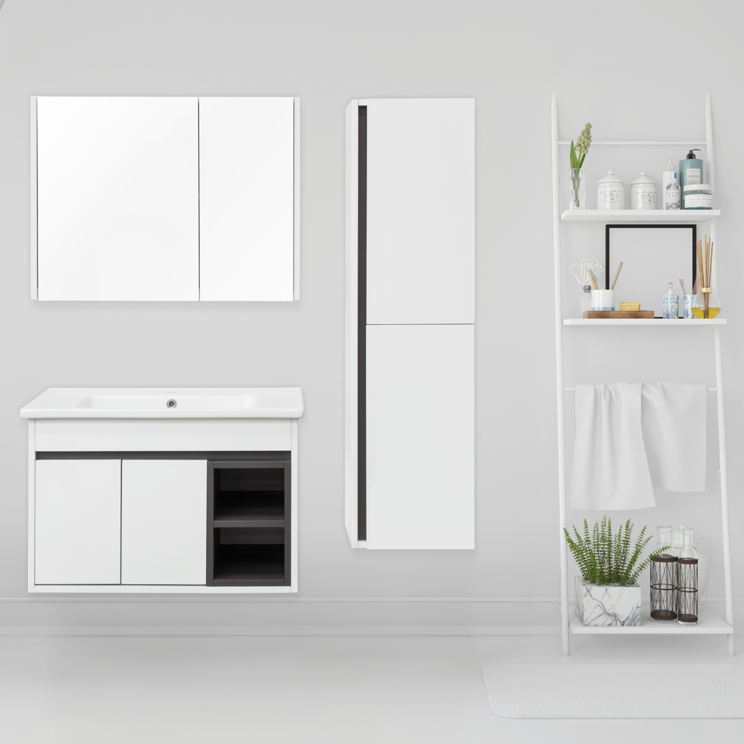 BURMAS Badmöbel Set 5tlg - 65 cm MDF Melamin Weiss Holzoptik Keramik vormontiert