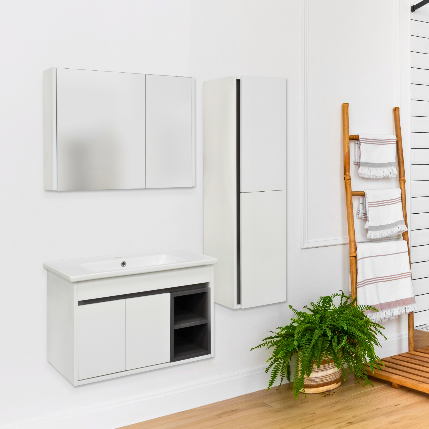 BURMAS Badmöbel Set 5tlg - 65 cm MDF Melamin Weiss Holzoptik Keramik vormontiert