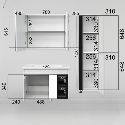 BURMAS Badmöbel Set 5tlg - 65 cm MDF Melamin Weiss Holzoptik Keramik vormontiert