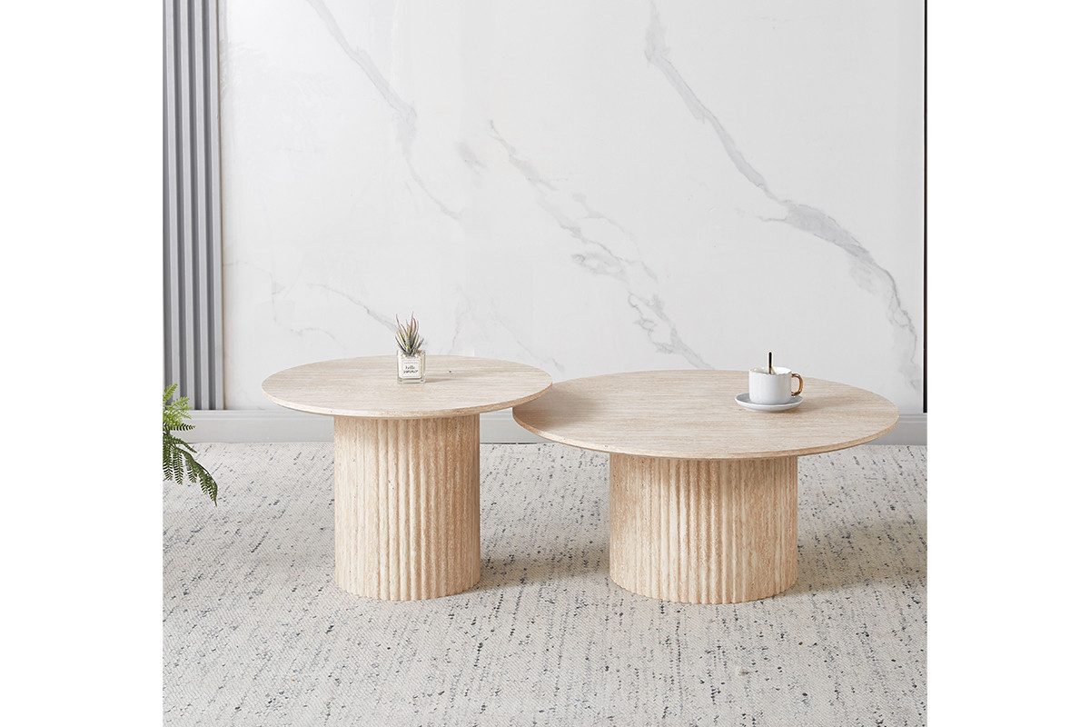 Couchtisch Set Premium TIVOLI in edler Travertin-Optik geriffelte Säulenbeinen  Ø 80x36cm, Ø 60x42cm