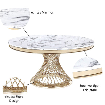 Wohnzimmertisch edler Esstisch echtes Marmor 130cm goldenes Edelstahlgestell