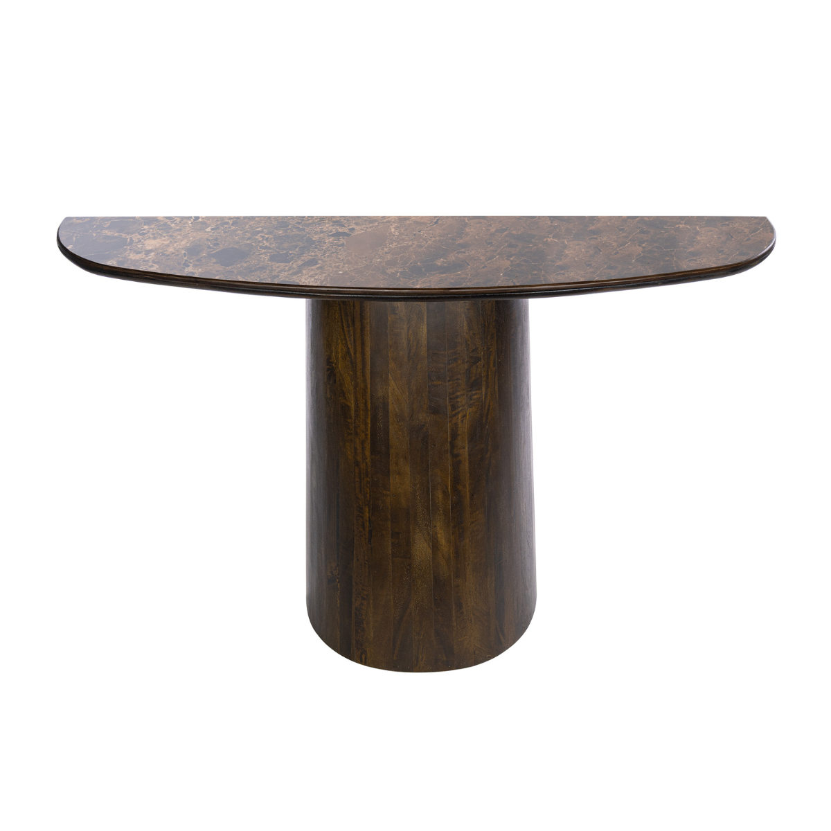 Konsolentisch PIETRA CALDA Halbrunde Konsole mit Dark-Emperador-Keramikplatte und Mango Holz-Säulenfuß