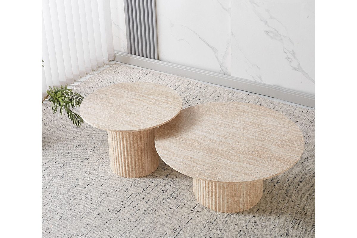 Couchtisch Set Premium TIVOLI in edler Travertin-Optik geriffelte Säulenbeinen  Ø 80x36cm, Ø 60x42cm