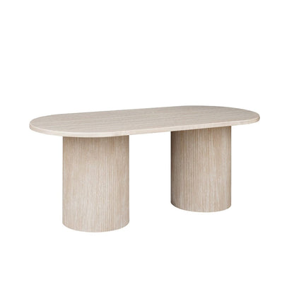 Moderne Esstisch mit ovaler Travertin-Tischplatte edle Tischbeine im Säulenstil 200 X 100 X 75 cm beige