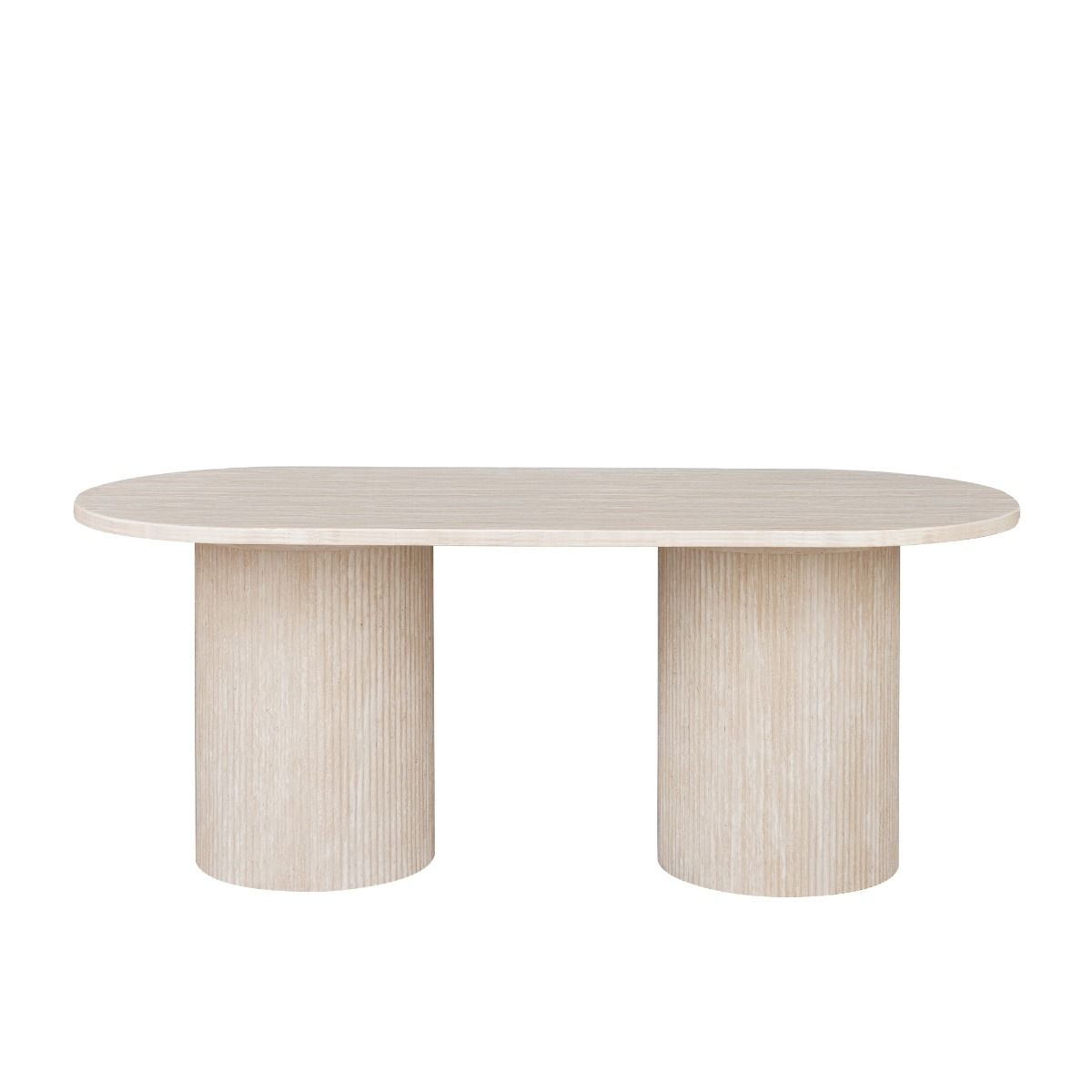Moderne Esstisch mit ovaler Travertin-Tischplatte edle Tischbeine im Säulenstil 200 X 100 X 75 cm beige