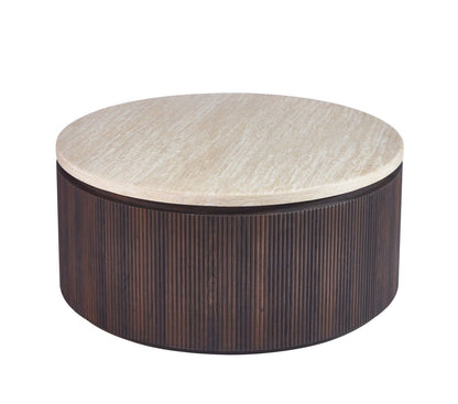 Couchtisch Bondo mit Travertin Tischplatte in edlem Säulenstil Ø100X45 CM braun