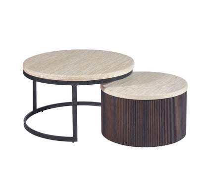 Couchtisch 2er Set Manzano Travertin Platte MDF Säulenstil Ø80X45 + Ø60X35 CM braun