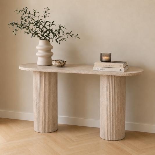 Konsolentisch TRIVENTO Ovaler Design-Flurtisch in Travertin-Optik mit Rillen-Säulen Beige