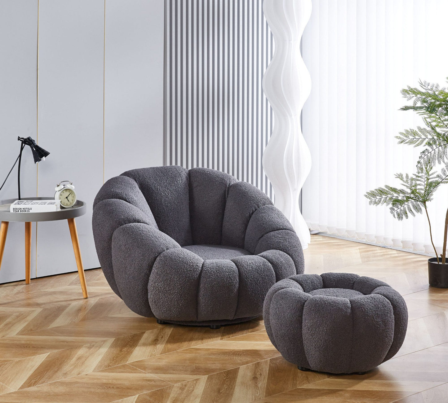 Drehsessel Kürbis Sessel 360° Drehfunktion Relaxsessel inkl. Hocker Grau