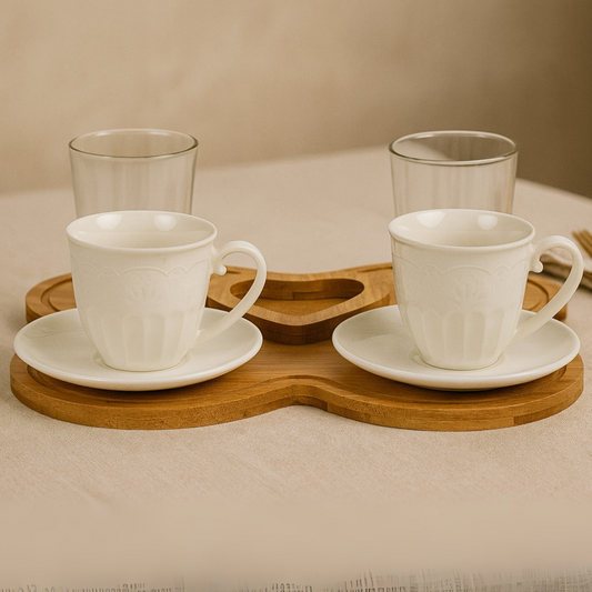 Bricard Espresso Set für 2 Person inkl. Untertasse und Holz-Tablett Weiß