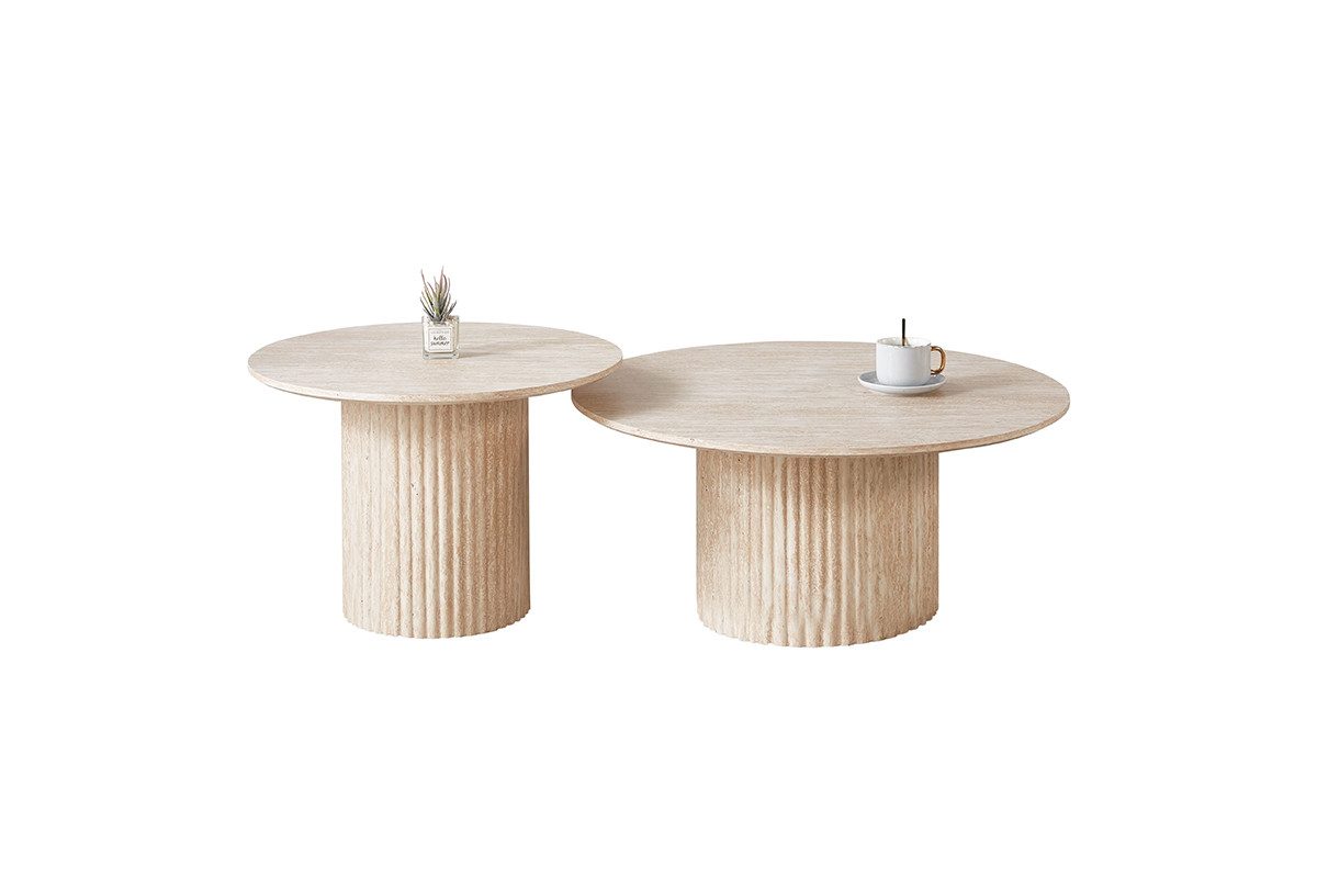 Couchtisch Set Premium TIVOLI in edler Travertin-Optik geriffelte Säulenbeinen  Ø 80x36cm, Ø 60x42cm
