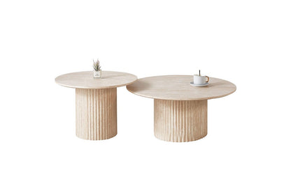 Couchtisch Set Premium TIVOLI in edler Travertin-Optik geriffelte Säulenbeinen  Ø 80x36cm, Ø 60x42cm