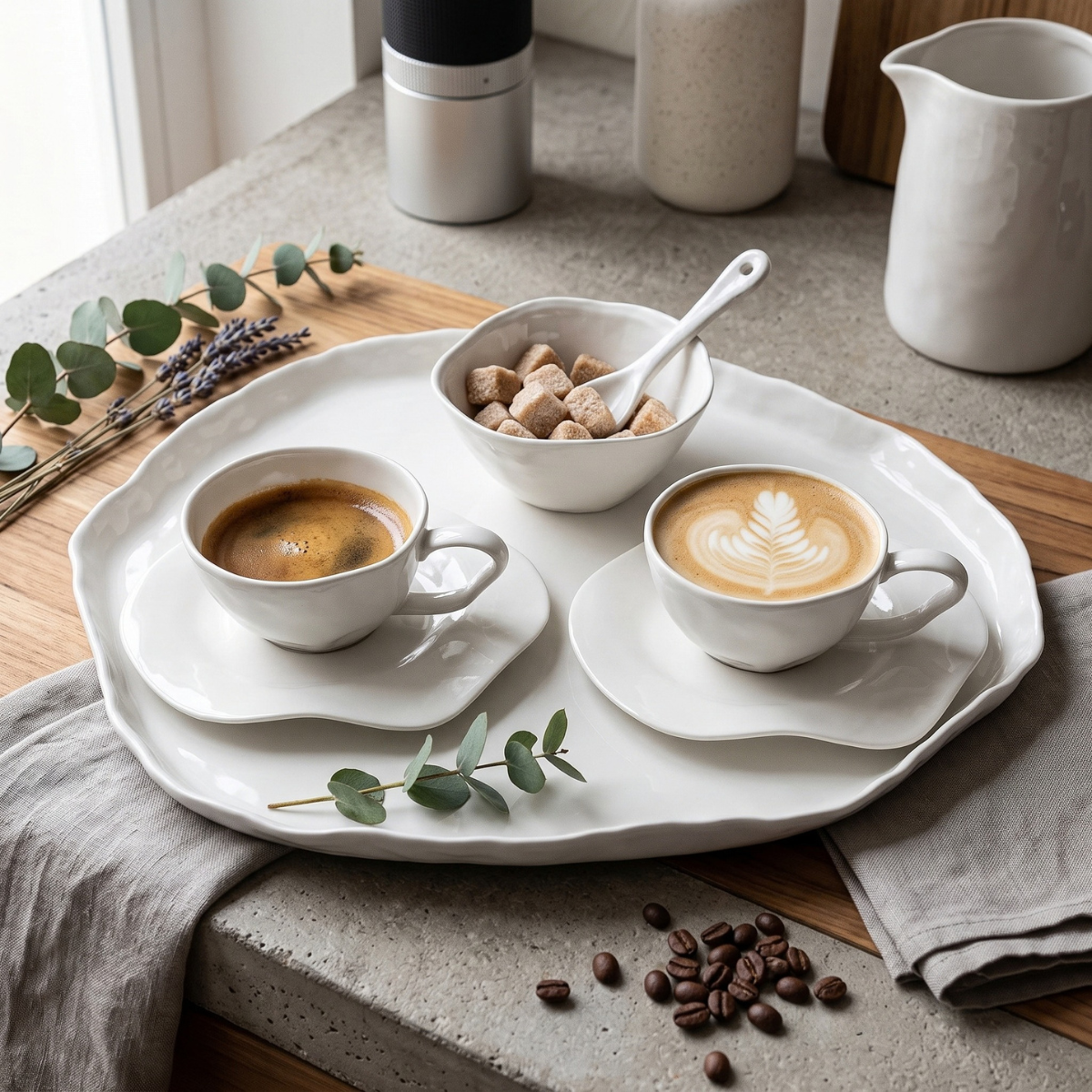 Kaffeeservice BELLEY 6-teiliges Porzellan-Set von Bricard mit organischem Wellen-Design Weiß, 80 ml