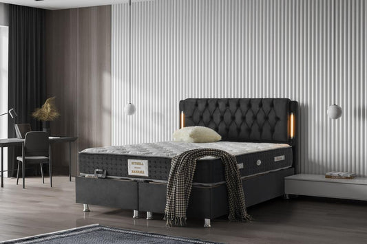 BAHAMA Black Velvet Set schwarz Samt Boxspringbett Set LED-Beleuchtung 90x200 - 180x200