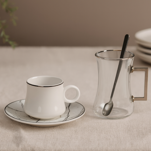 Bricard Tee-Espresso Set 24 teilig Weiß Silber inkl. Löffel und Untertasse