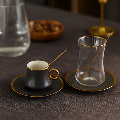 Bricard Tee-Espresso Set 24 teilig Grau Gold inkl. Löffel und Untertasse