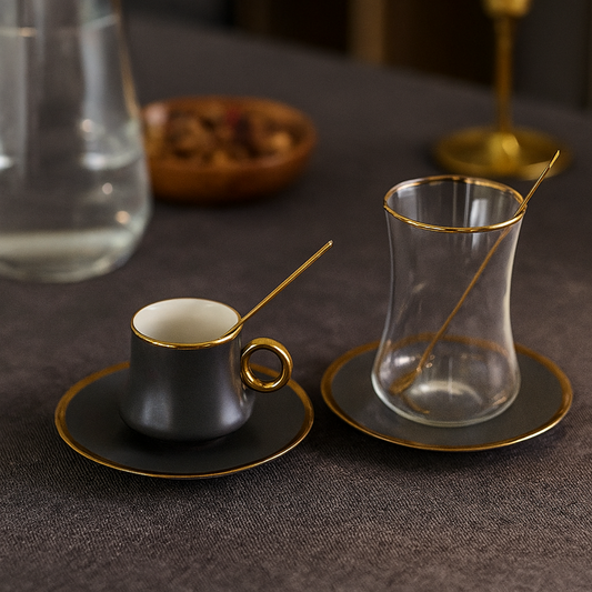 Bricard Tee-Espresso Set 24 teilig Grau Gold inkl. Löffel und Untertasse