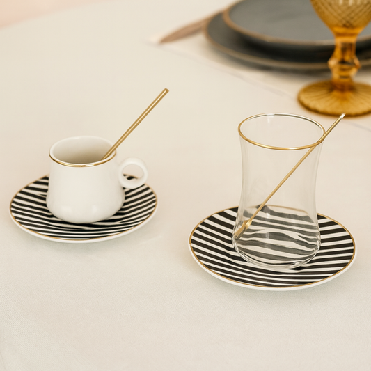 Bricard Tee-Espresso Set 24 teilig Schwarz Gold inkl. Löffel und Untertasse