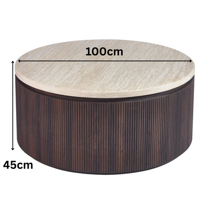 Couchtisch Bondo mit Travertin Tischplatte in edlem Säulenstil Ø100X45 CM braun