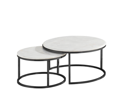 Couchtisch 2er Set mit Marmorplatte in weiß und schwarzen Edelstahlbeinen