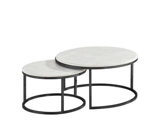 Couchtisch 2er Set mit Marmorplatte in weiß und schwarzen Edelstahlbeinen