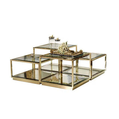 Couchtische 4er Set mit einzigartigen Spiegelboden vergoldete Edelstahlbeine